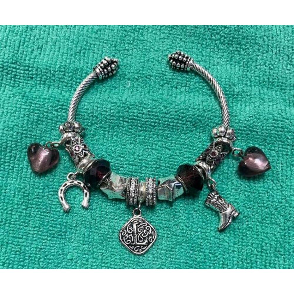 Western Cowgirl Charm Bracelet Antique Silver Cable Cuff Monogram Initial L